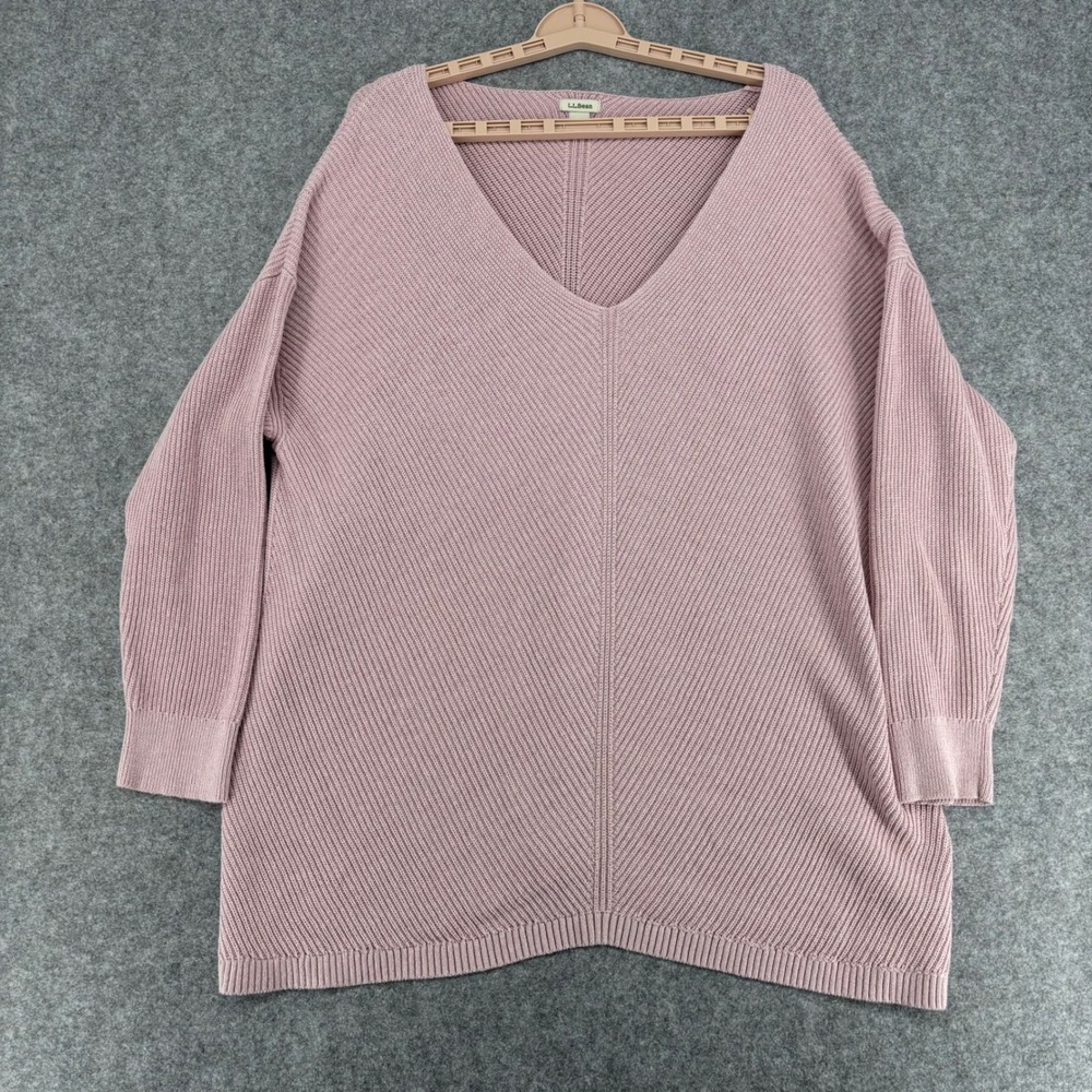 LL Bean Womens 1X Plus Dusty Rose Pink Cotton Ribbed V-Neck Sweater 514835